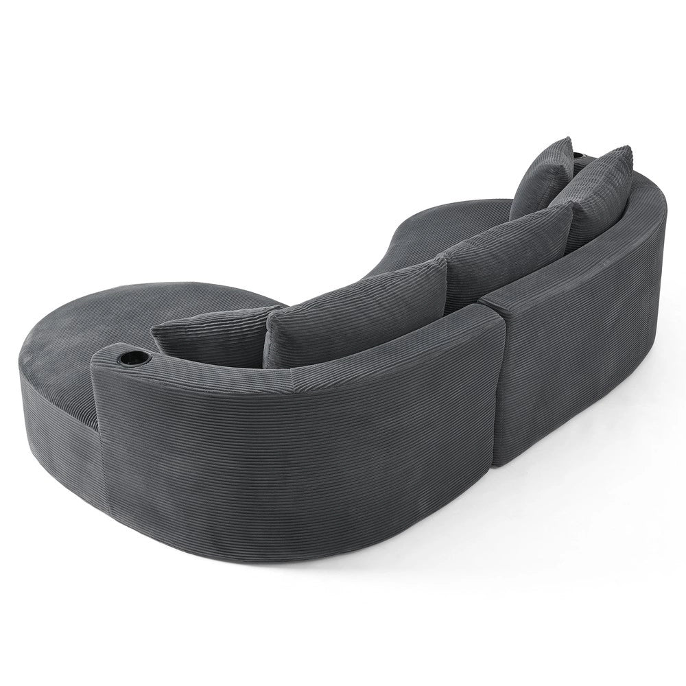 Divano Angolare 3 Posti con Chaise Longue ¨C Xylo ¨C Tessuto a Coste, Grigio, con Cuscini e Portabicchieri