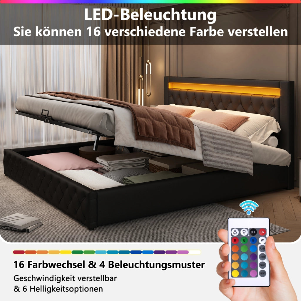 OKWISH Letto contenitore 180×200 cm, Letto Matrimoniale con Contenitore, LED Regolabile e Testiera Alta, senza Materasso, in PU, Nero