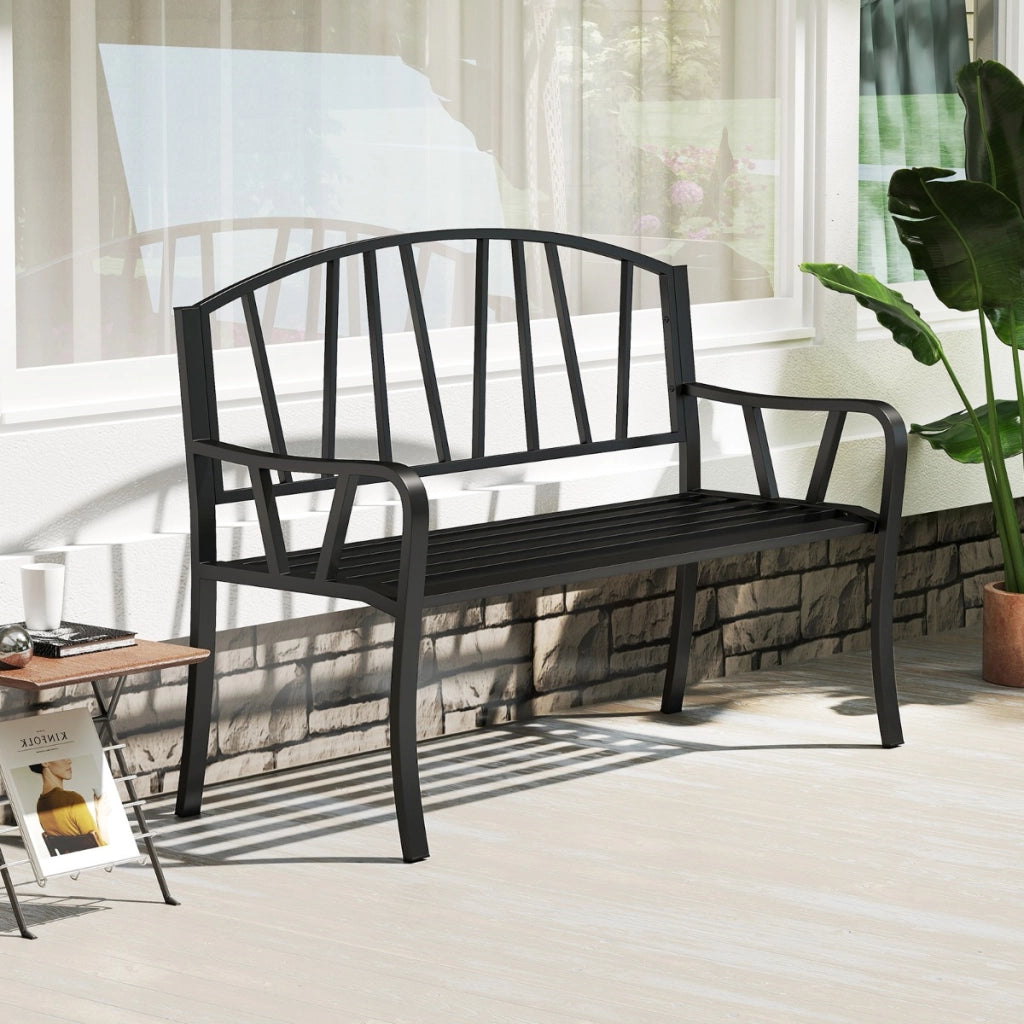 Panchina da giardino in metallo da 129 cm per giardino, Panchina con doghe per 2-3 persone Nero-Panchine