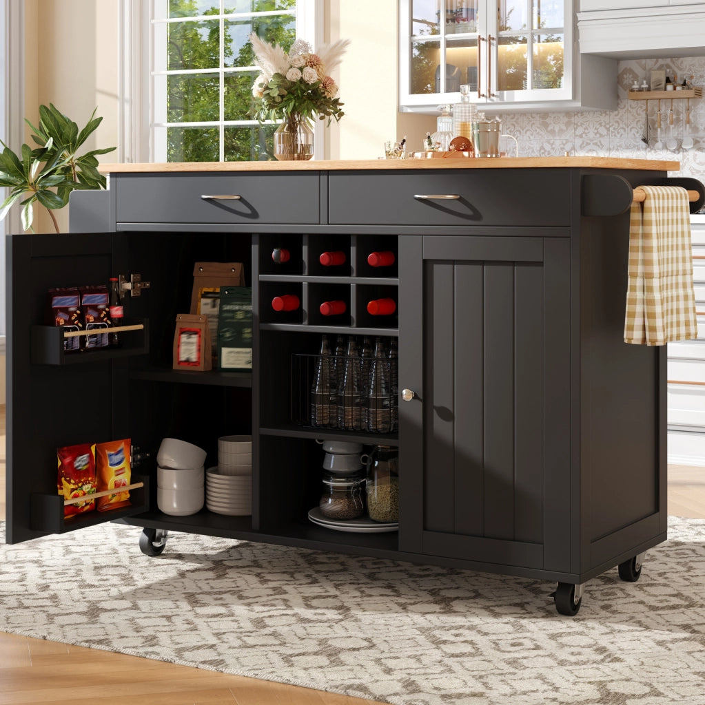 Isola da cucina mobile con portabottiglie, nera, 102×45×92 cm