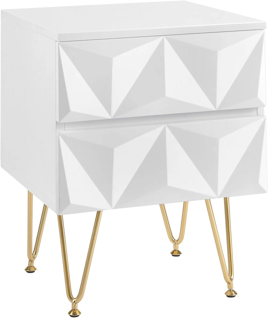 Comodino per Camera da Letto, Comodino Bianco con 2 Cassetti e Gambe Dorate, 40x40x53cm, Tavolino da Salotto, Divano, Cameretta, Frontale in Rilievo, in Legno e Metallo, 0001CTG