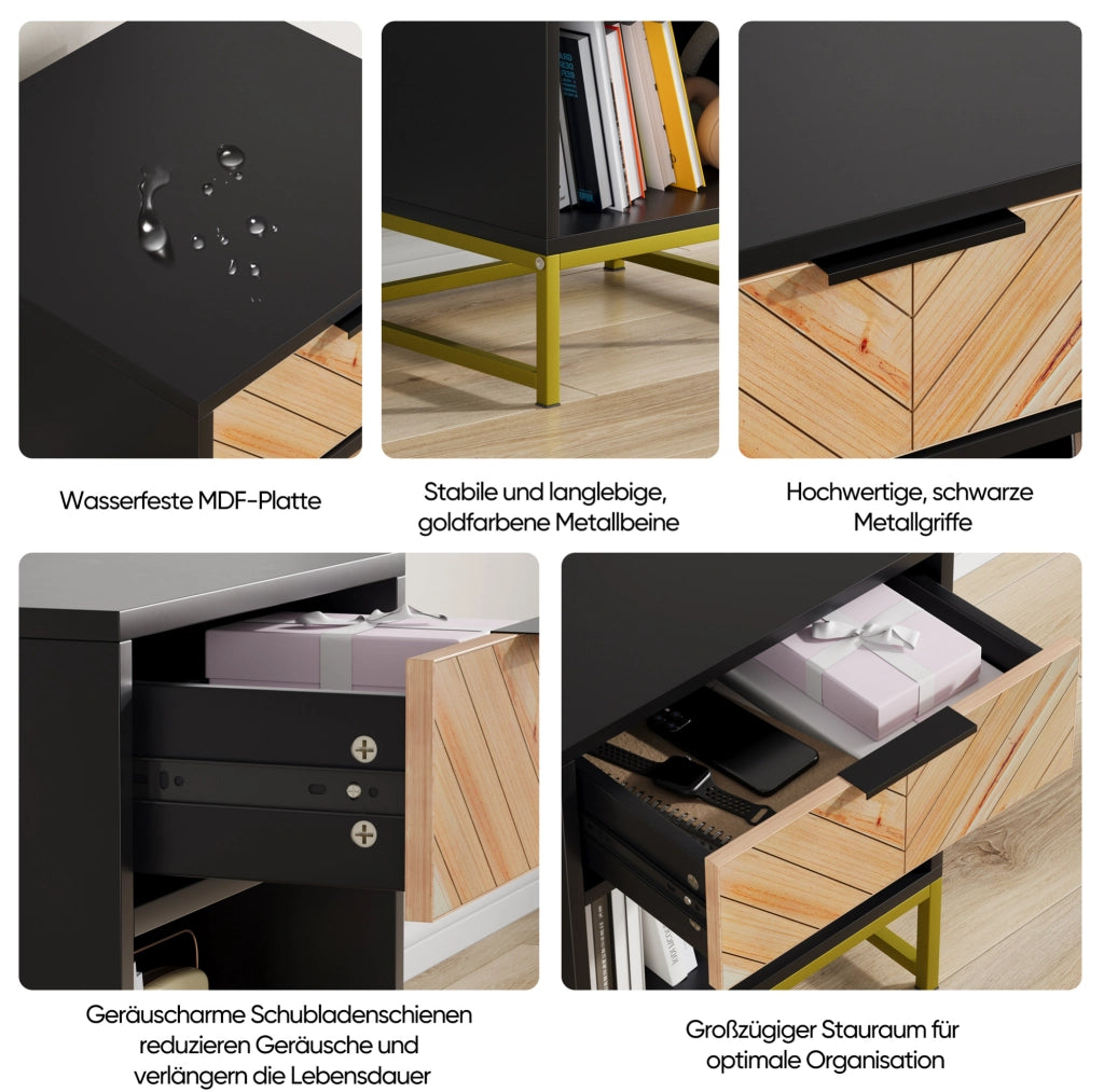 Comodino moderno in MDF nero e naturale, 43 x 40 x 55 cm