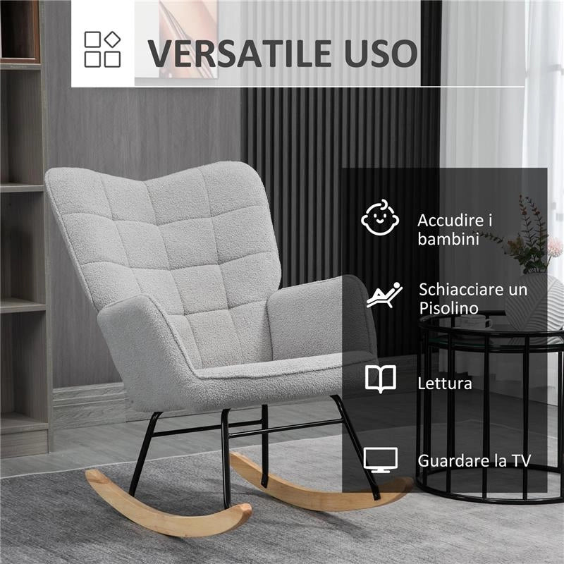 POLTRONA A DONDOLO IMBOTTITA IN LEGNO E ACCIAIO CON RIVESTIMENTO BOUCLÚ 71X98X101 CM GRIGIO