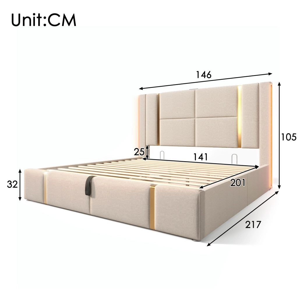 Letto imbottito contenitore 140x200 cm beige con LED e USB-C