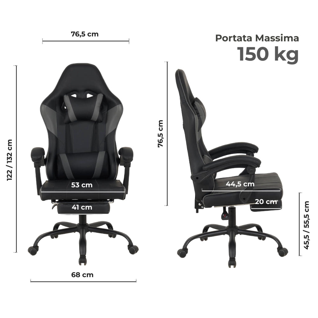 Sedia da Gaming Massaggiante,Sedia Gamer Con Poggiapiedi Telescopico,Reclinabile 90-135°,Poltrona da Gaming con Poggiatesta  Cuscino Lombare,Sedie Da Ufficio,Portata 150kg Grigio