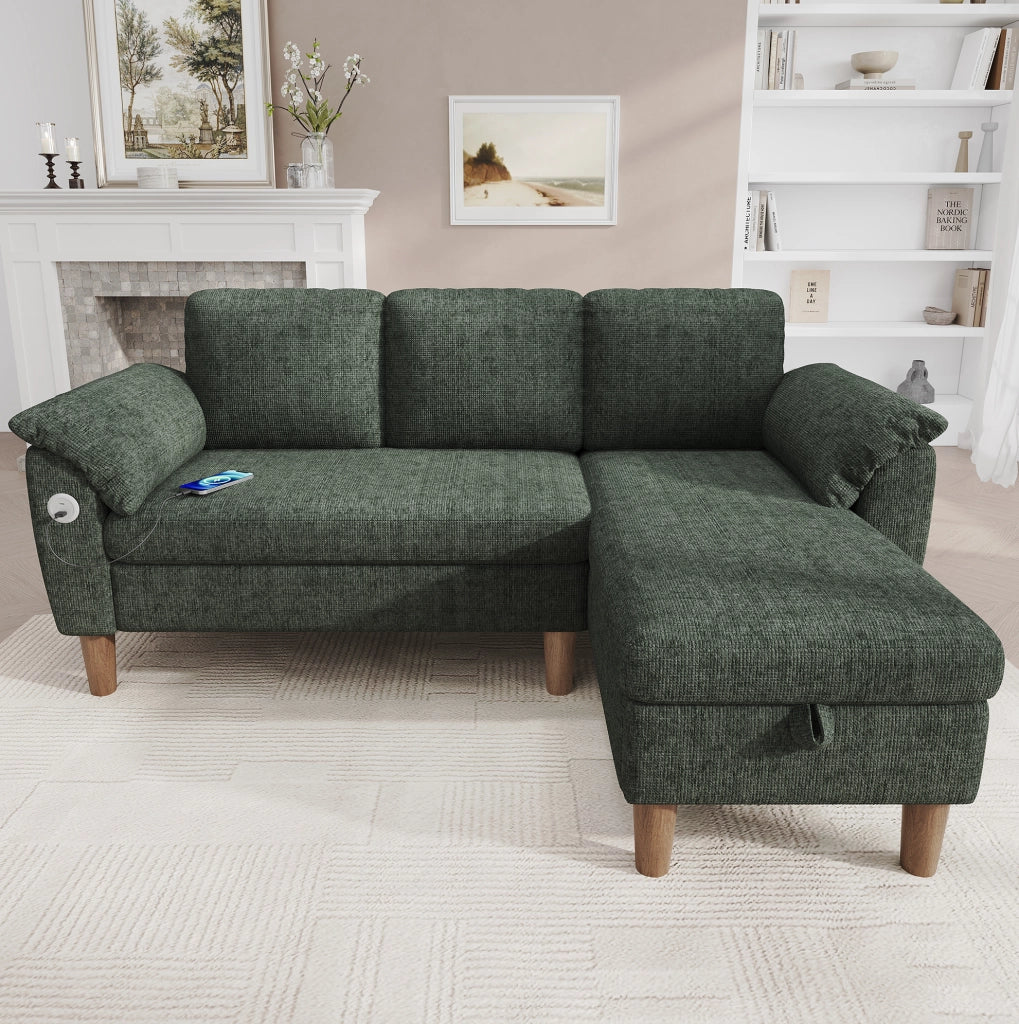 Divano angolare modulare 3 posti con chaise longue contenitore; USB/Type-C; verde