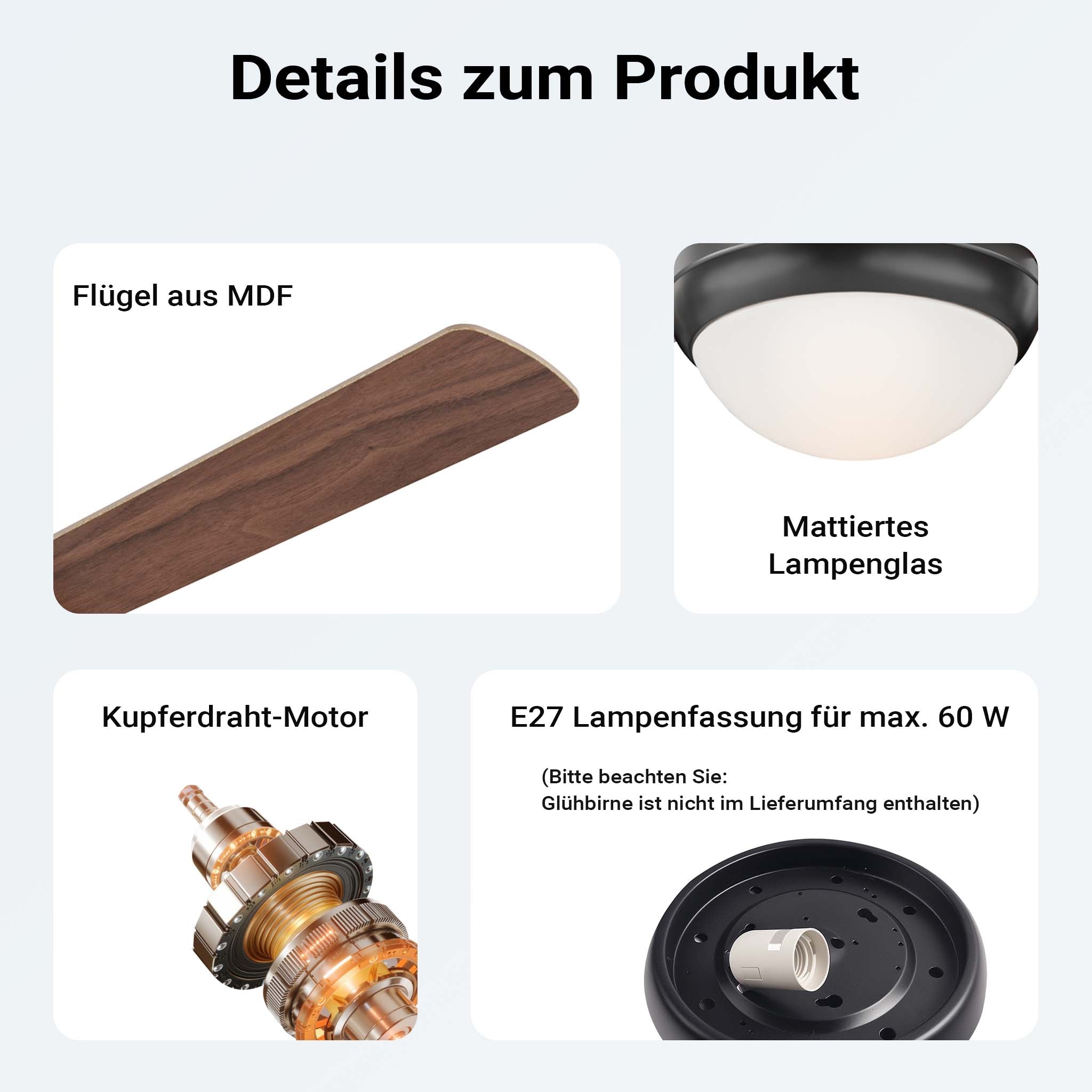 Ventilatore da soffitto Ø 122 cm con 4 pale, lampadario ventilatore con 3 velocità, telecomando, timer, modalità estiva e invernale, 53 W