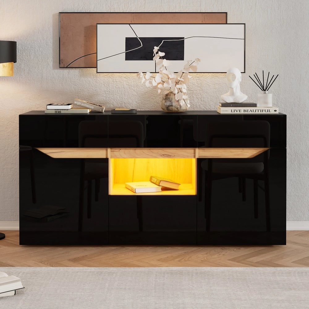 Credenza Soggiorno con Cassetti e LED ¨C MINIMAL ¨C Nero/Legno 140x40x70