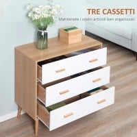Cassettiera 3 Cassetti Rialzata per Soggiorno e Camera da Letto, in Legno, 80x39x80 cm, Bianco e color Legno
