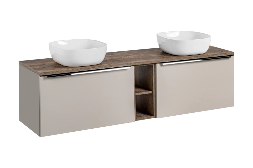 Set mobili bagno 180 cm con piano e 2 lavabi da appoggio Smile Santa Fe Taupe 180 cm