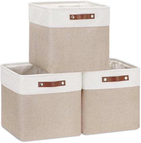 Set di contenitori di archiviazione da 3 - multifunzionali - kaki e bianco - 28x28x28cm
