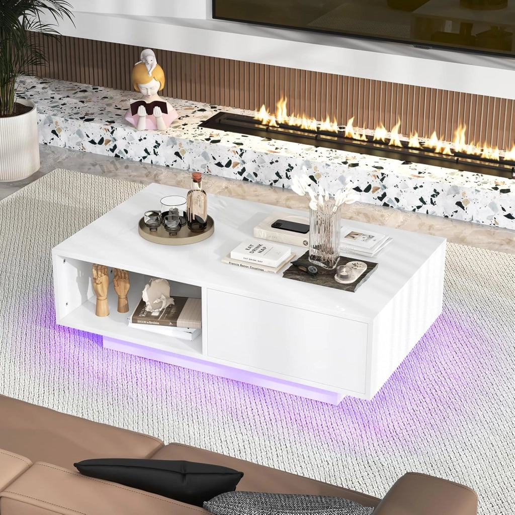 Tavolino da Salotto in Legno, Tavolino Moderno e Rettangolare con 20 Colori di Luci a LED, Telecomando, Cassetto e Ripiano Aperto, Tavolino per Studio e Ufficio (Bianco)
