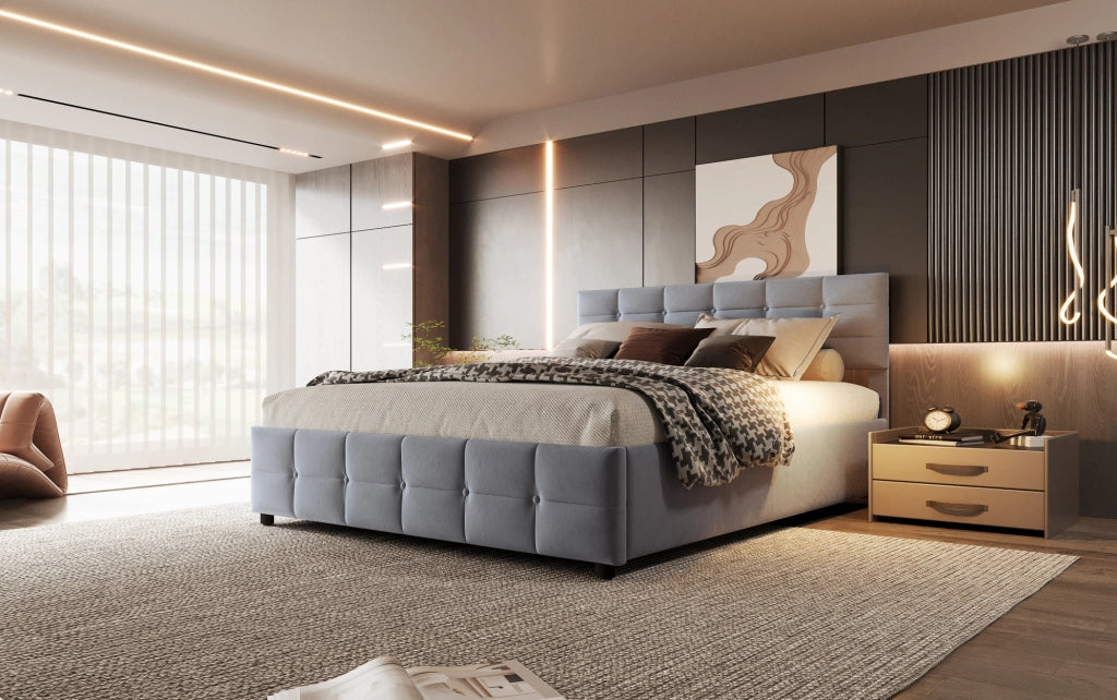 Letto imbottito 180x200 cm con rete a doghe e sollevamento idraulico, velluto olandese grigio