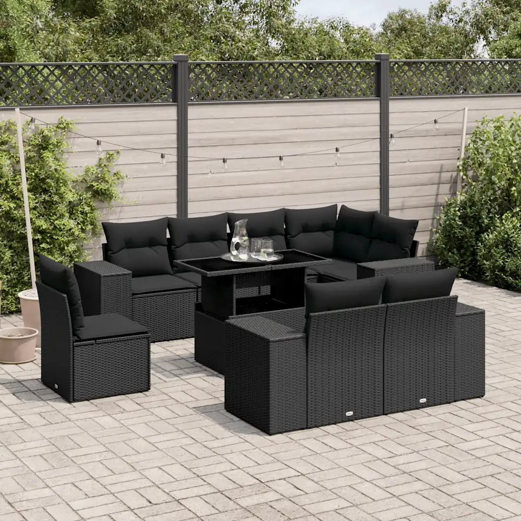 Set Divani da Giardino 9 pz con Cuscini Nero in Polyrattan