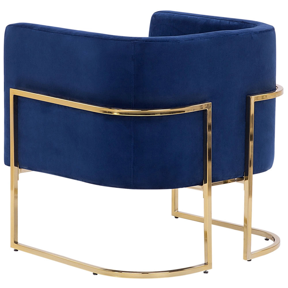 Poltrona Velluto Blu Scuro Struttura In Metallo Dorato Con Schienale Tondo Stile Glam