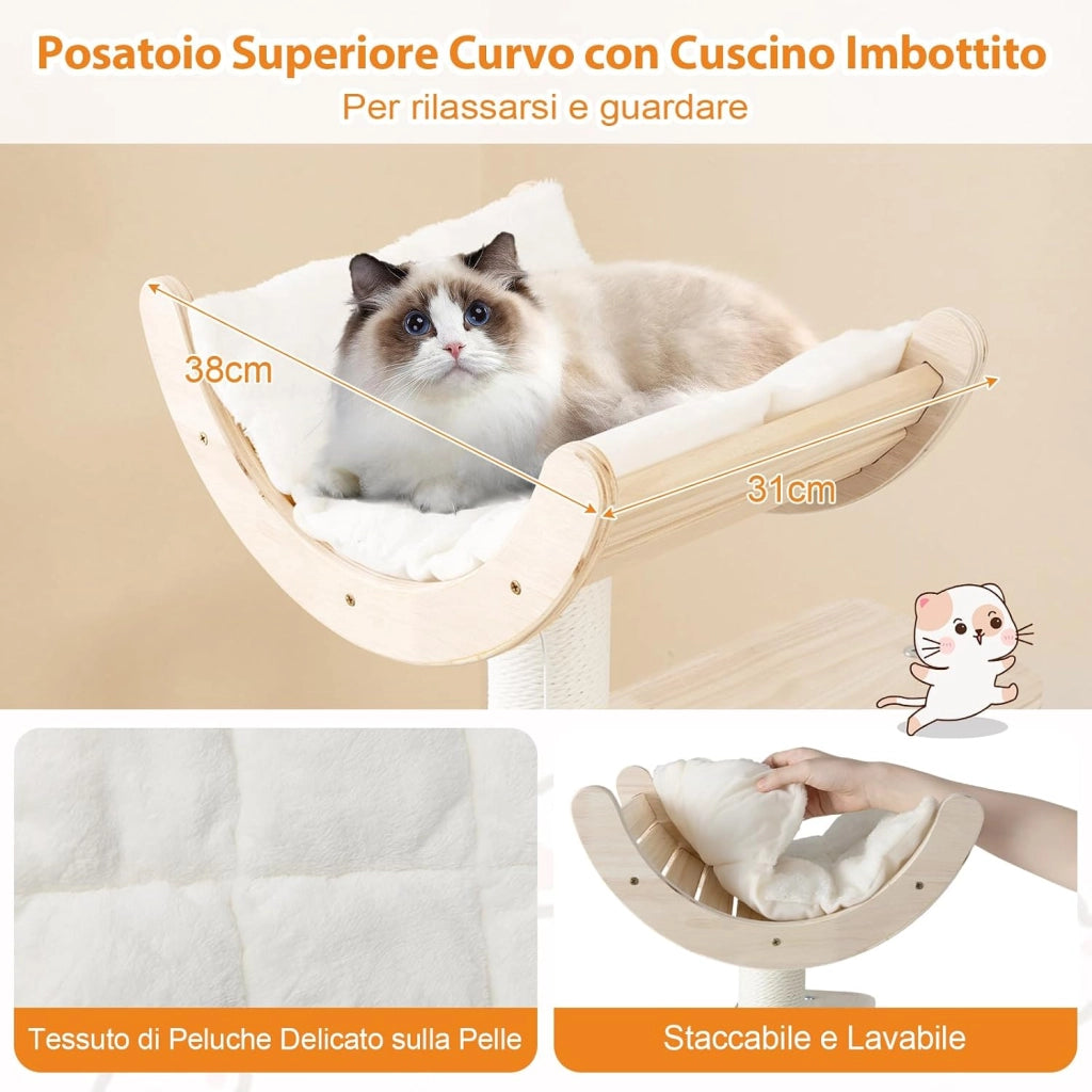 Albero per Gatti Alto 141 cm, Tiragraffi per Gatti in Plywood con Condo, Posatoio Curvo, Amaca, Tiragraffi, Pallina e Corda Appesi e Cuscini in Pile Lavabili, 55 x 55 x 141 cm