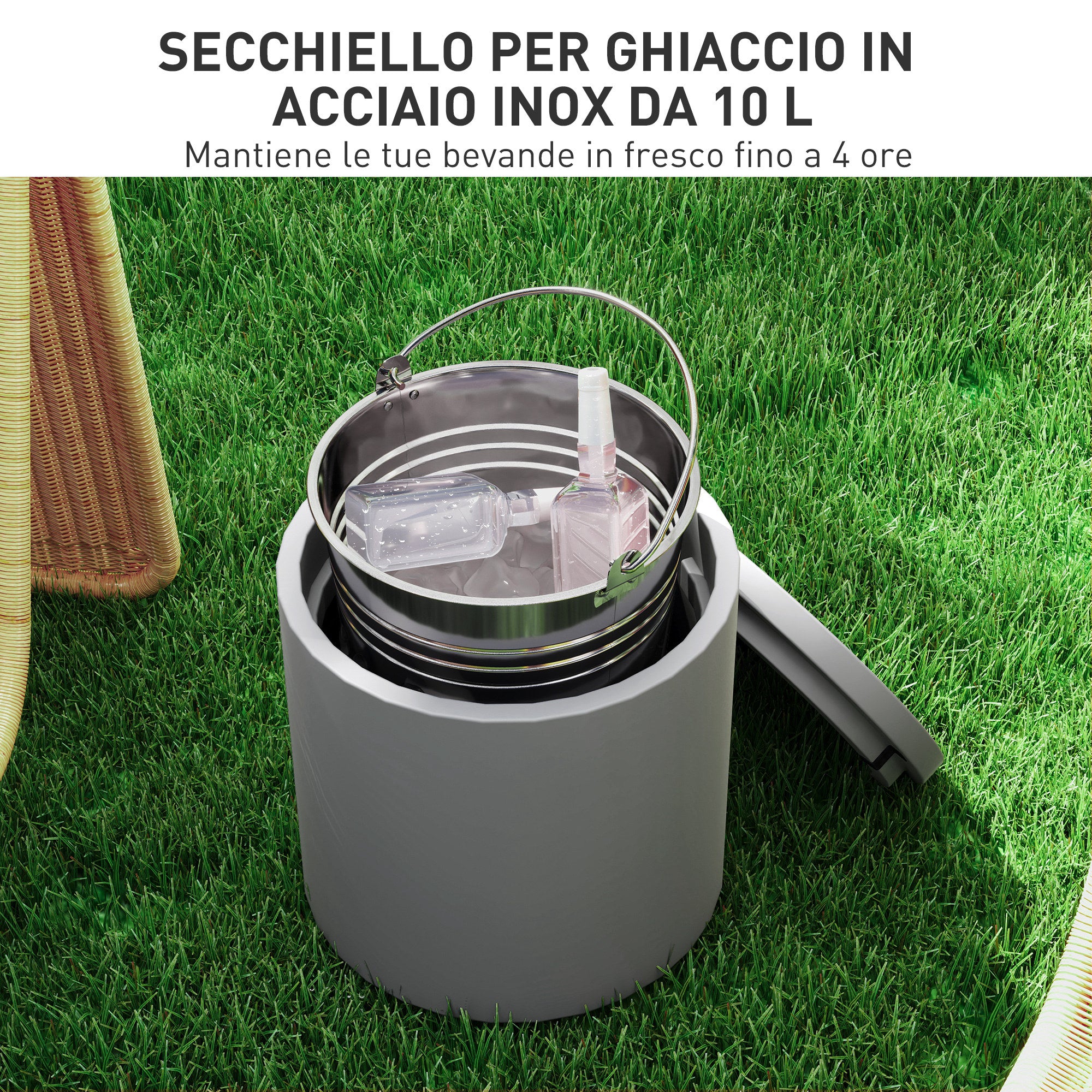 Tavolino da Giardino Multiuso con Secchiello Ghiaccio e Coperchio Ø37,5x43,5 cm in Cemento e Acciaio Inox Grigio Chiaro