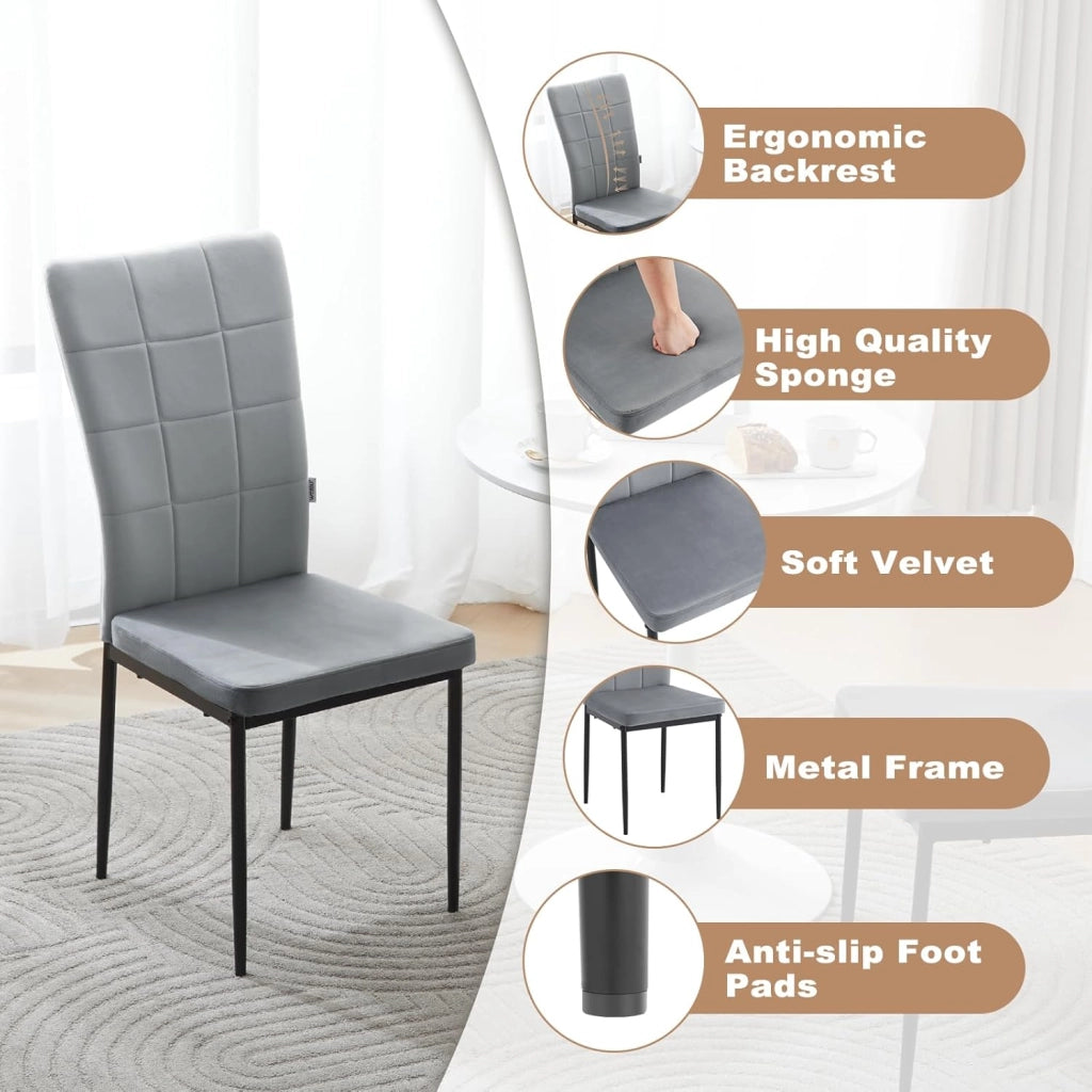 Set 4 Sedie da Pranzo con Schienale Alto, Sedia da Cucina con Motivi Quadrati, Sedia Imbottita per Soggiorno, Camera da Letto, Sedile in Velluto e Gambe in Metallo, Grigio Scuro, EZS22dgr-4