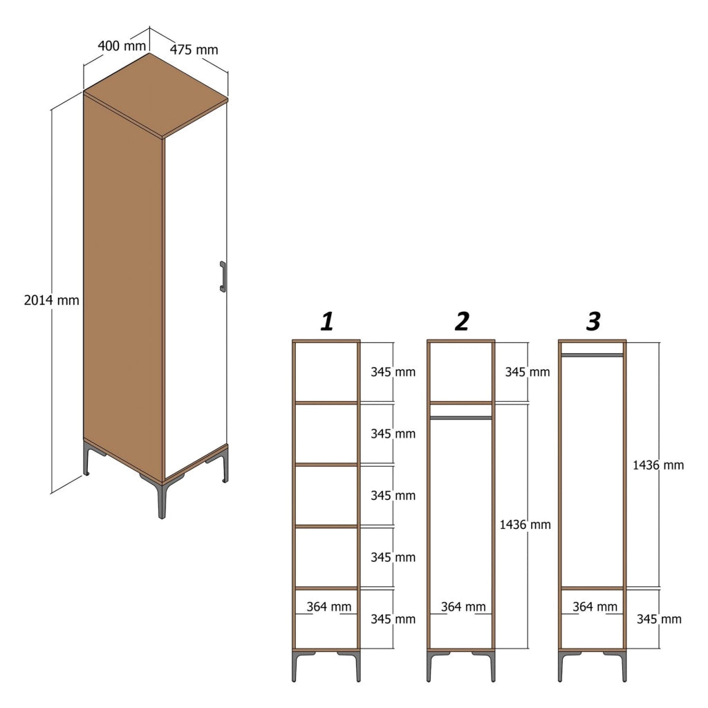 Felitto, Armadio Multiuso 1 Anta 4 Ripiani, 40x201h cm Marrone Noce