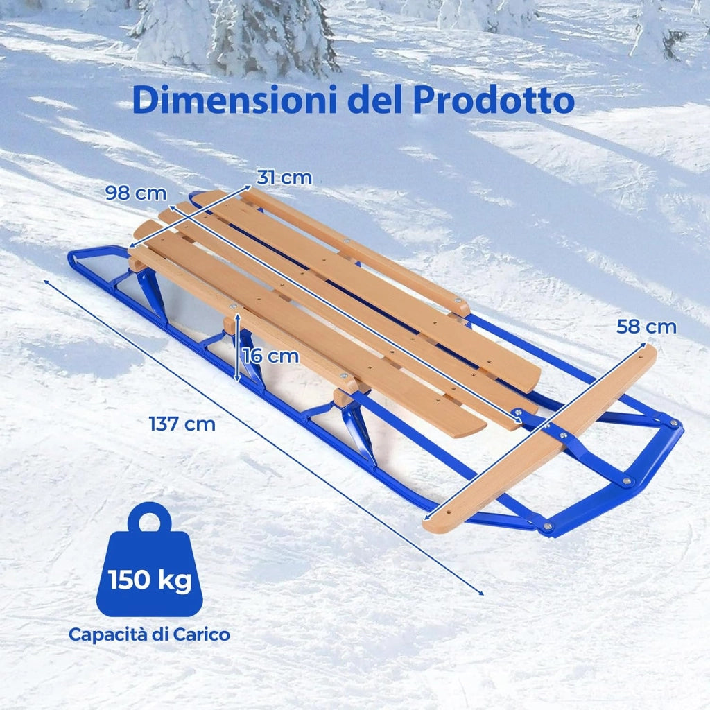 Slittino da Neve, Slittino per Bambini e Adulti con Barra di Direzione, Fori Preforati e Maniglie, Slitta da Neve in Legno e Metallo Vernicato, Carico Massimo 150 kg