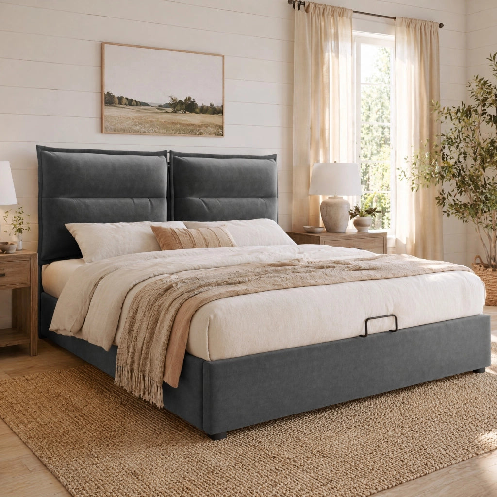 Letto matrimoniale contenitore 140x200 cm in velluto grigio