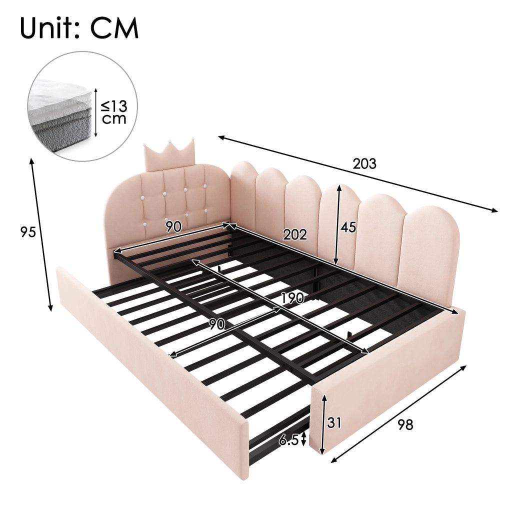 LETTO a scomparsa L-forma 90x200 cm in velluto rosa con letto estraibile
