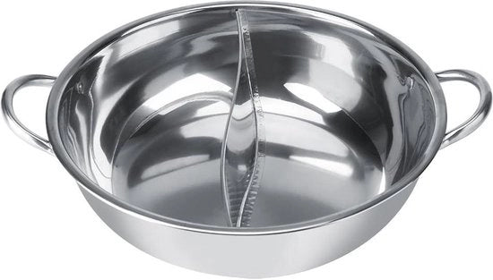 Pentola Shabu-Shabu in acciaio inossidabile - due camere - Pentola profonda per 4-5 persone - inductivo gas elettrico forno a microonde piastre ceramiche - argento 30 cm.