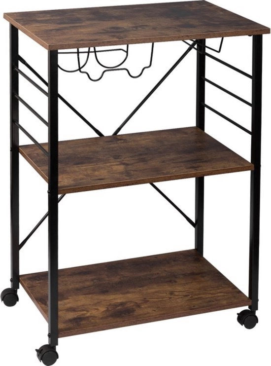 Carrello da cucina su ruote - costruzione in MDF robusta - cassetto apribile & vino - stile e stabilità - design caldo marrone
