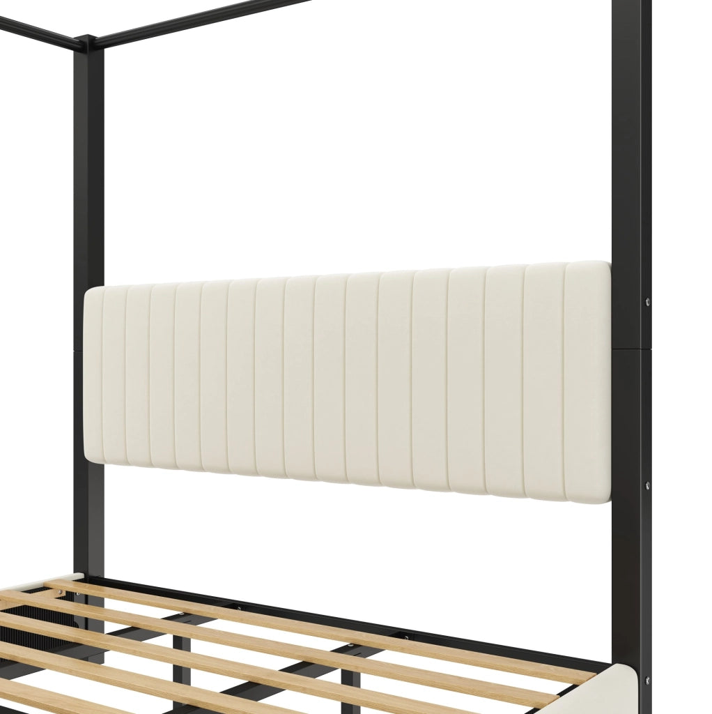 Letto a baldacchino imbottito 180x200 cm in velluto beige e nero con struttura in metallo