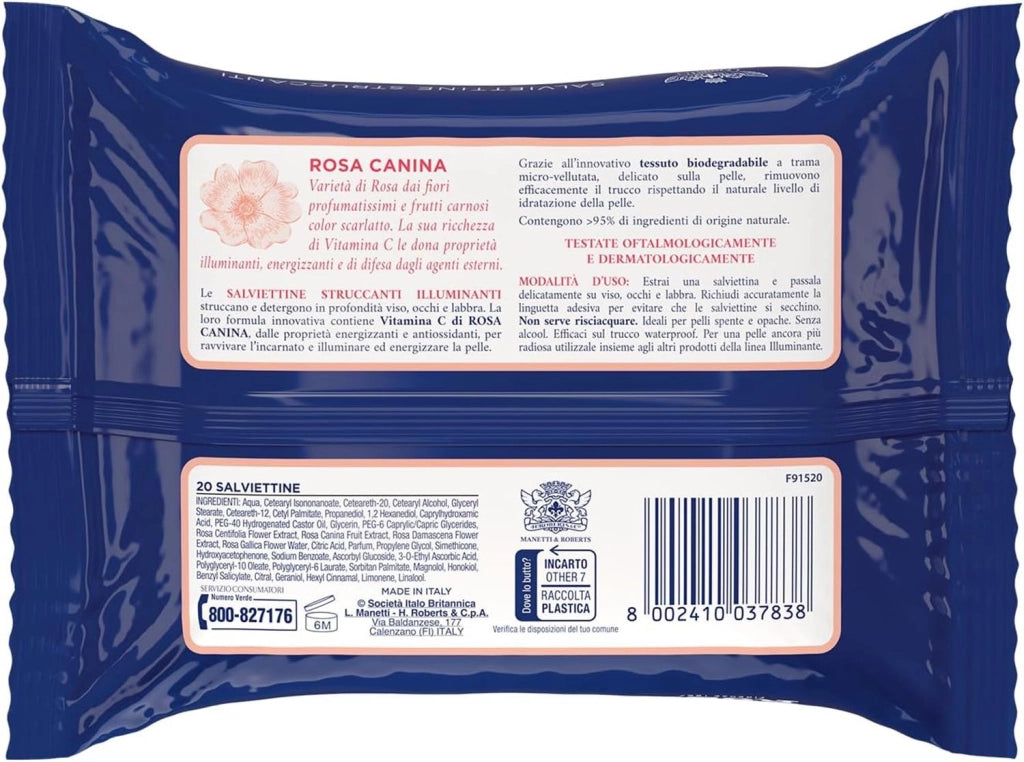 ACQUA ALLE ROSE SET 6 PACCHI DI SALVIETTINE STRUCCANTI ILLUMINANTI VITAMINA C DI ROSA CANINA VISO OCCHI E LABBRA 120 SALVIETTE