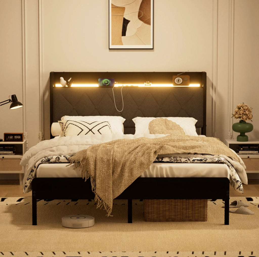 Letto imbottito 140x190 con LED, porta USB e vano sottostante