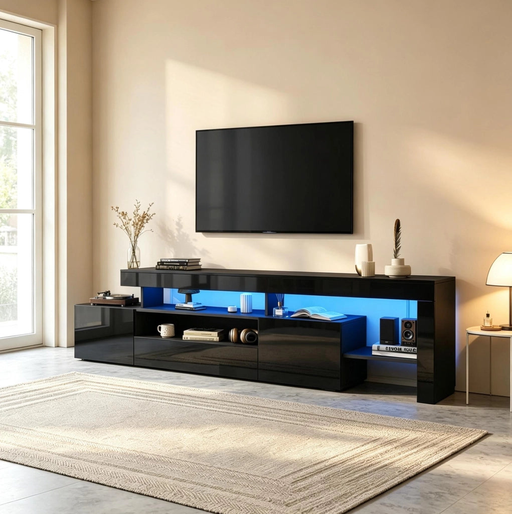 MOBILE TV con LED 192x37x53 cm Nero in Truciolare con 3 ante