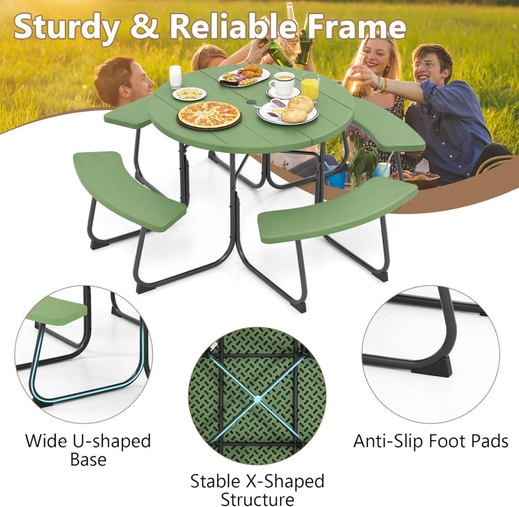 Set da giardino da picnic per 8 persone, tavolo da giardino rotondo con 4 panche, tavolo da birra con foro per ombrellone, set da giardino in HDPE, set per panca da birra (verde)