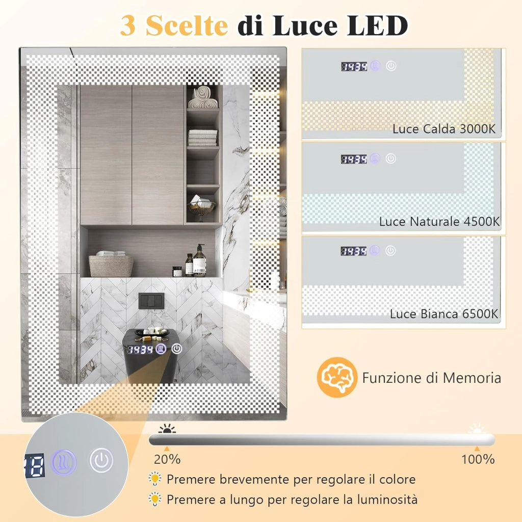 Specchio LED a Parete 70x50cm, Specchio da Bagno HD Antappannamento con 3 Luci Colori, Funzione Memoria Lettura di Tempo e Temperatura, Specchio rettangolare Intelligente IP44