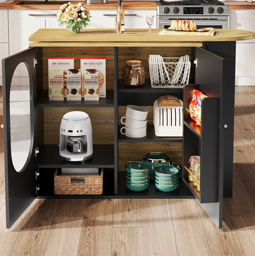 Mobile bar 138x39x105 cm girevole 360° con ampio spazio di contenimento in MDF e metallo nero