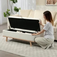 Panca Contenitore da 80L Imbottita con Rivestimento in Tessuto e Gambe in Legno, 118x42x45 cm, Crema