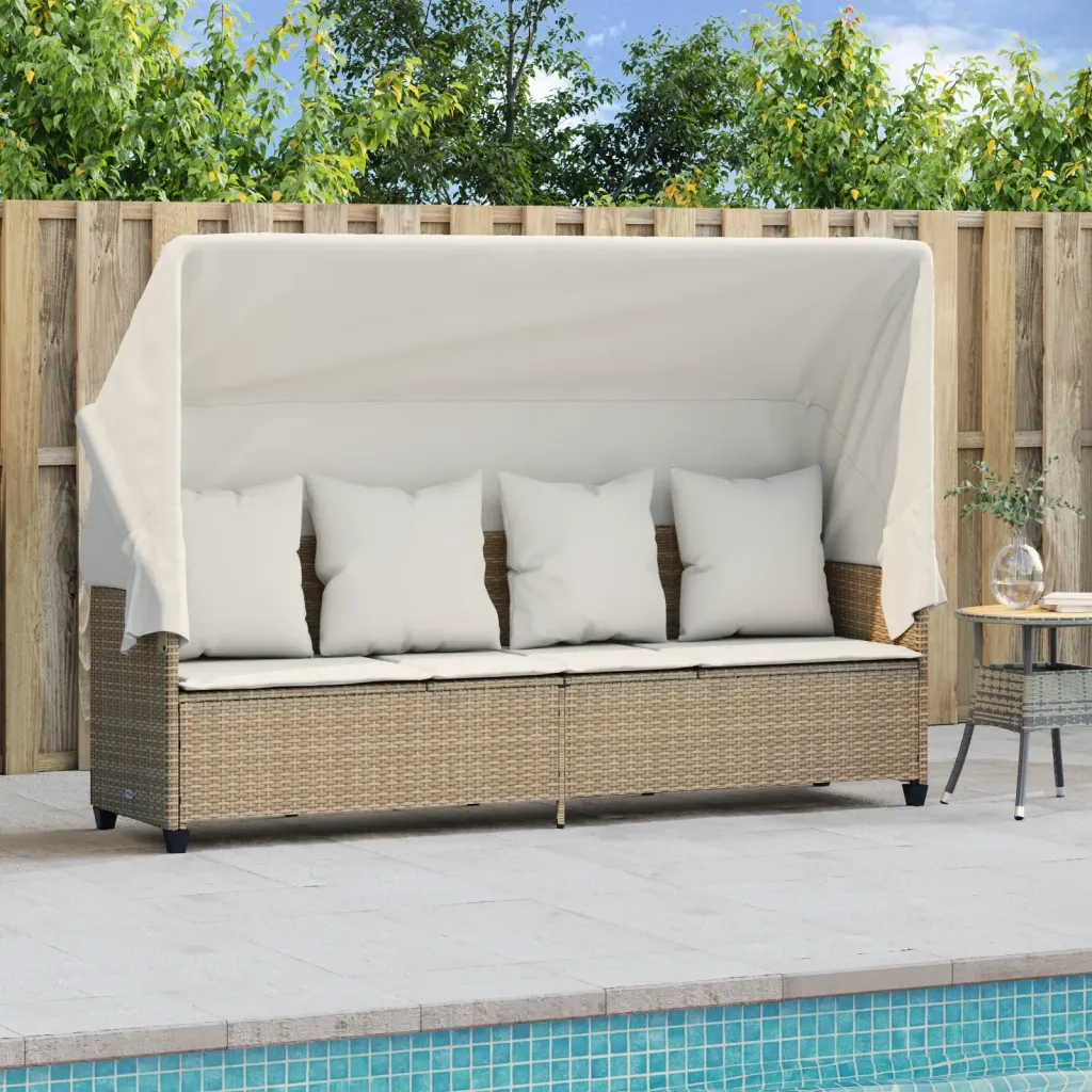 Lettino Prendisole con Baldacchino e Cuscini Beige Polyrattan 368357