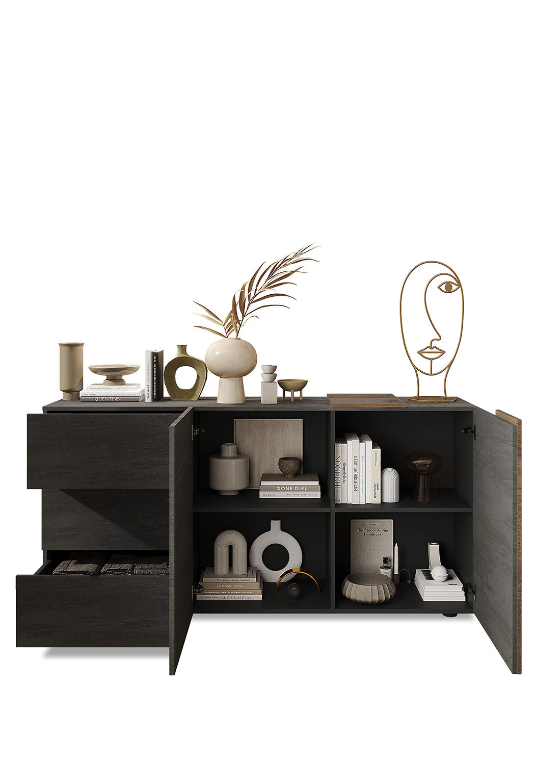 Madia Design Moderno 2 Ante 3 Cassetti Venus 181x44x84 cm Titanio E Noce Mercure