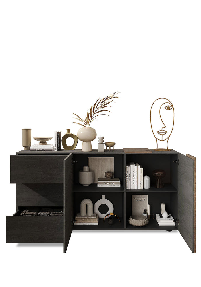 Madia Design Moderno 2 Ante 3 Cassetti Venus 181x44x84 cm Titanio E Noce Mercure