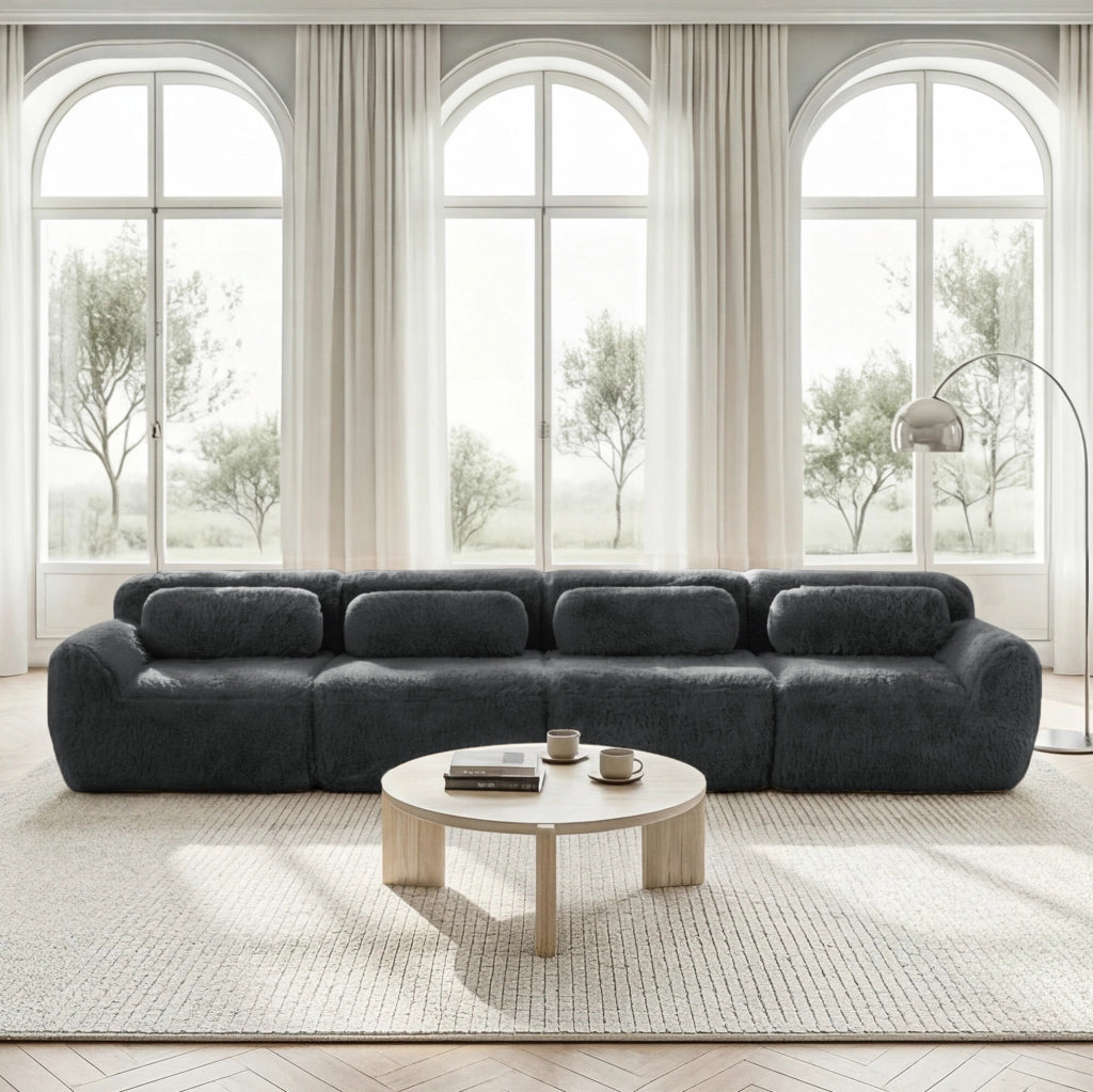 Divano angolare modulare con base antiscivolo in peluche grigio