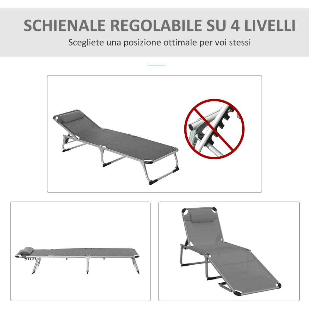 Sdraio Pieghevole 60x165x76 cm con Poggiatesta e Schienale Regolabile in Alluminio Grigio