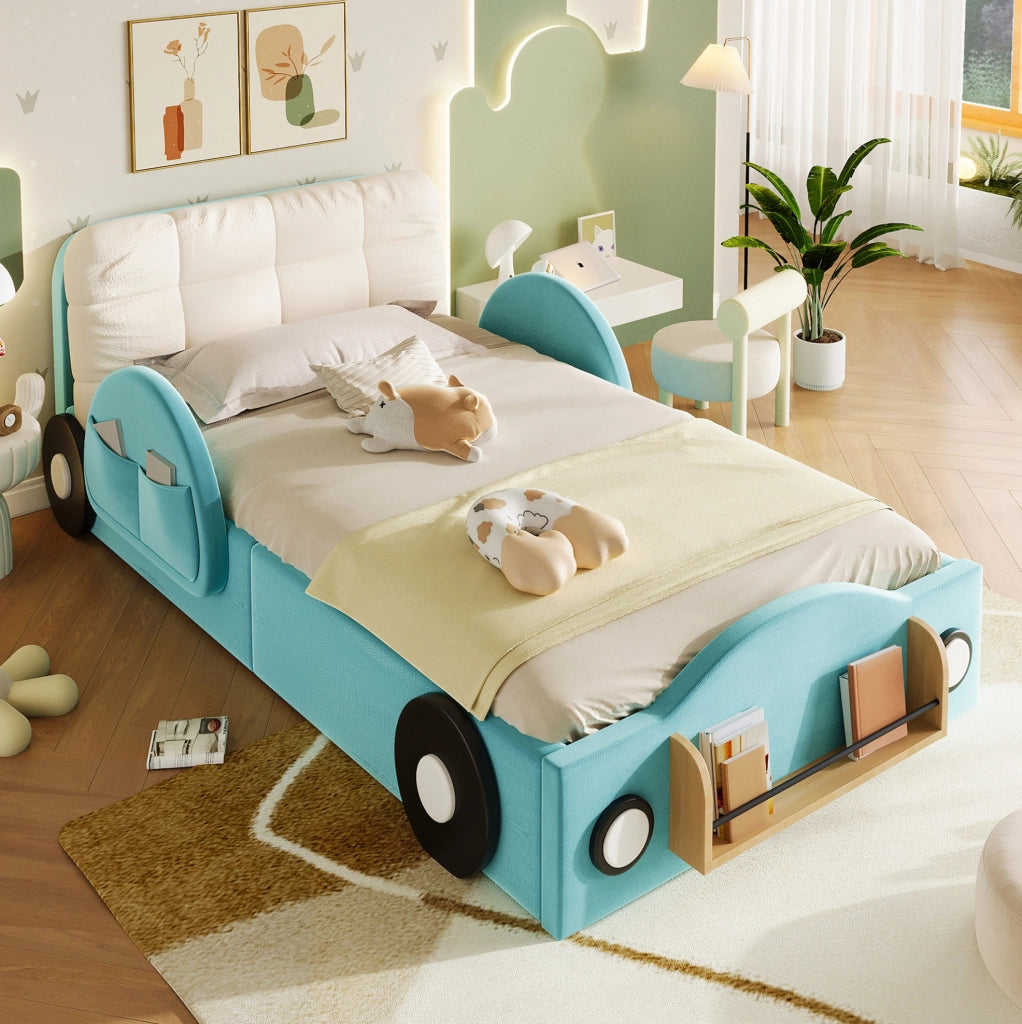 Letto imbottito 90x200 cm con contenitore idraulico in flanella blu e cuscino