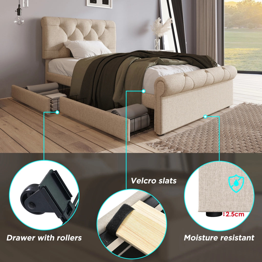 Letto singolo 90x200 cm con 2 cassetti e testiera regolabile