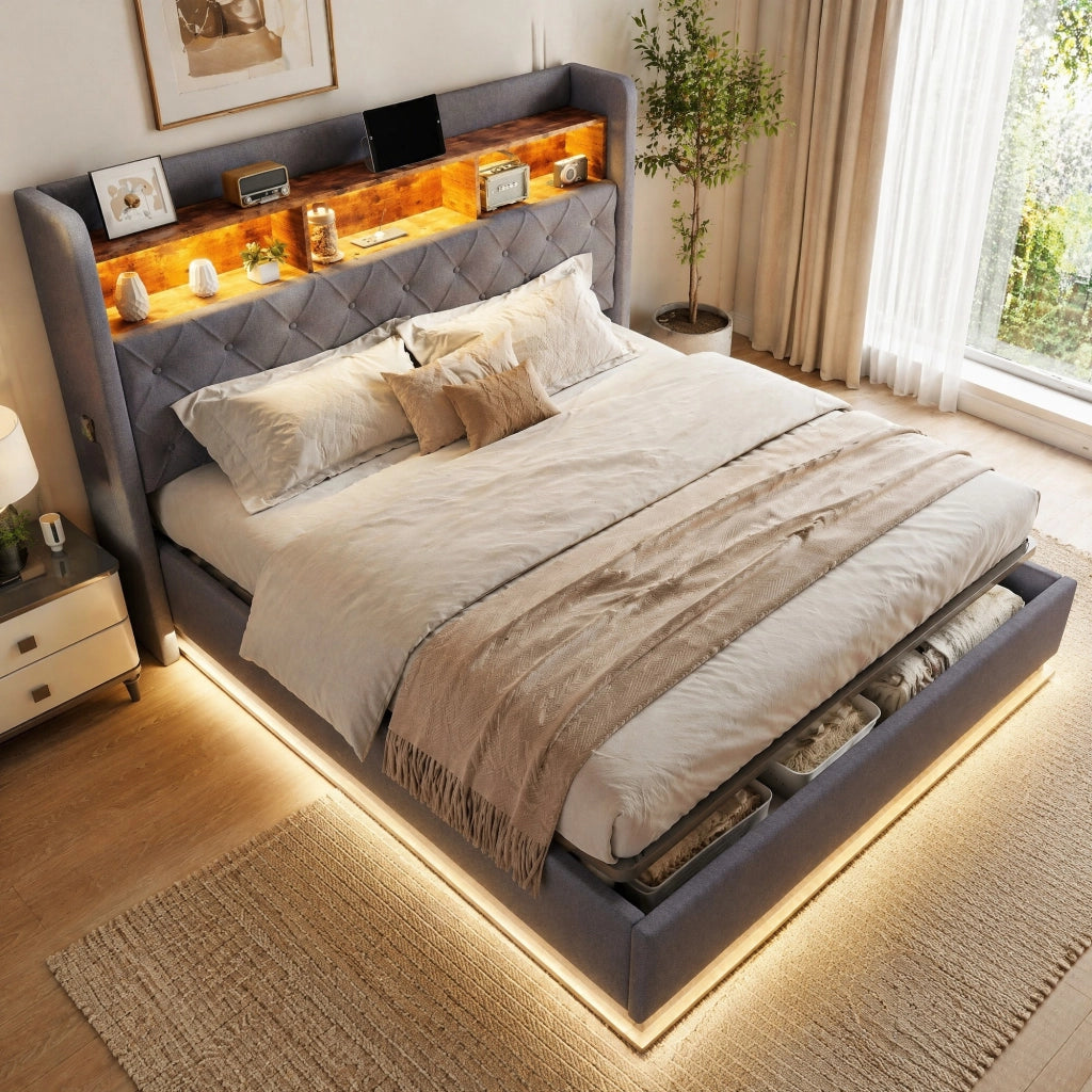 LETTO imbottito LED 180x200 cm grigio con USB e contenitore idraulico