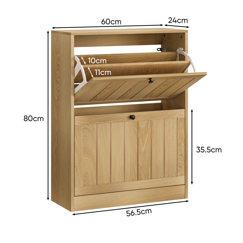 Scarpiera a ribalta 60 cm colore rovere, mobile portascarpe freestanding con 2 scomparti, stile moderno