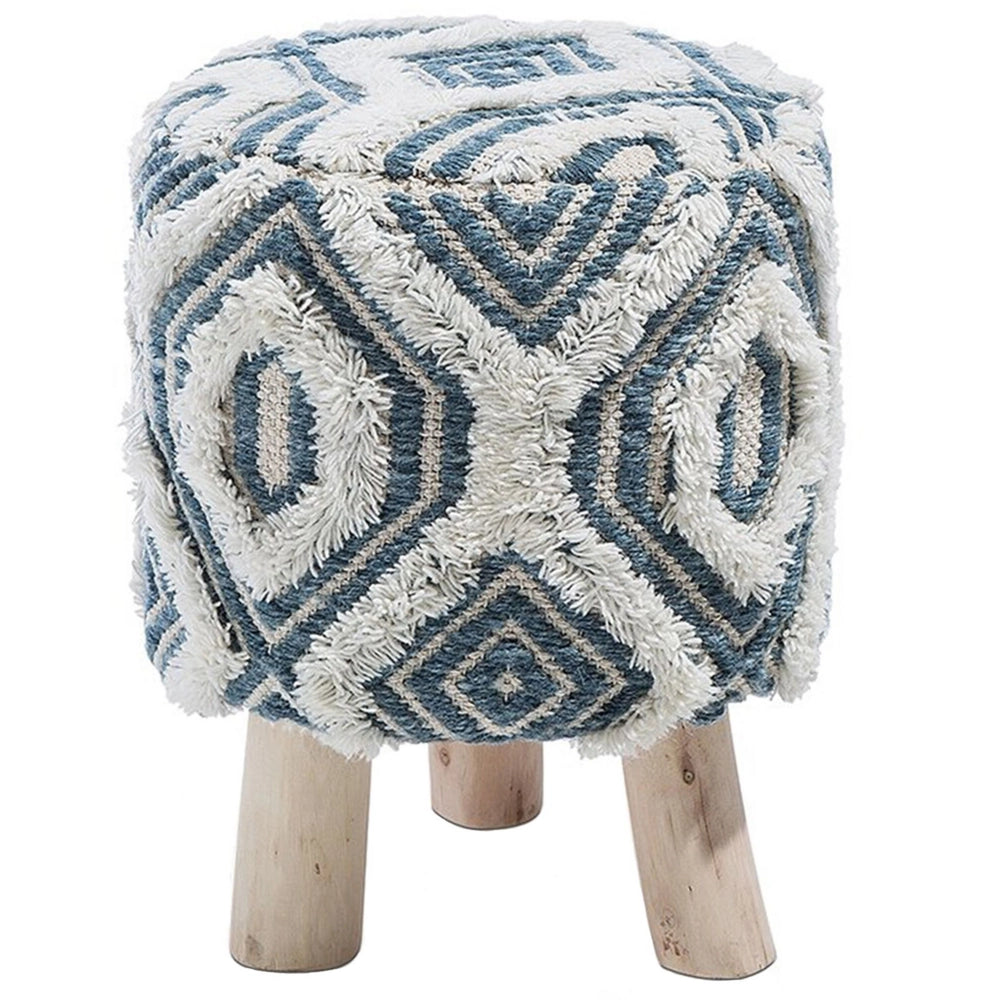 Poggiapiedi Bianco con Lana Blu e Cotone con Gambe in Legno Motivo Orientale Rustico