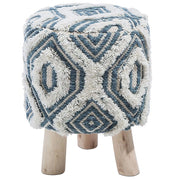 Poggiapiedi Bianco con Lana Blu e Cotone con Gambe in Legno Motivo Orientale Rustico