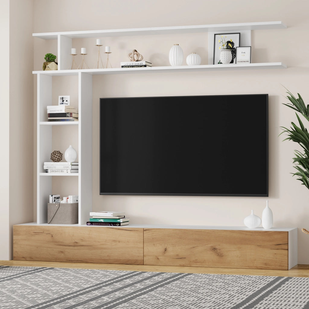 Mobile porta TV con 2 ante e vani aperti, per soggiorno, in truciolare, bianco e effetto legno, 180 × 35 × 22,5 cm