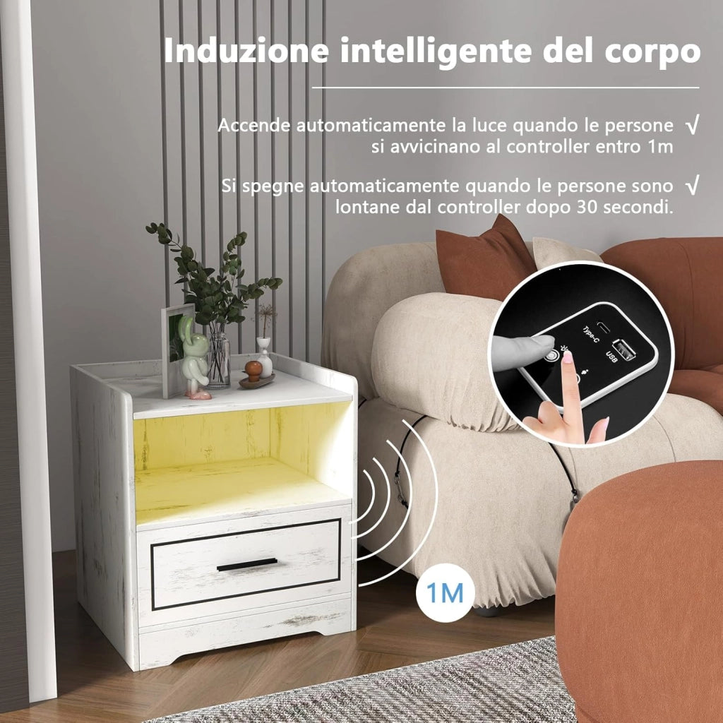 Comodino con LED, Comodino Intelligente con 2 Porte USB, Ripiano Aperto e Cassetto, Luci a Colori Variabili, Bianco, 45 x 40 x 50 cm (2, Bianco)