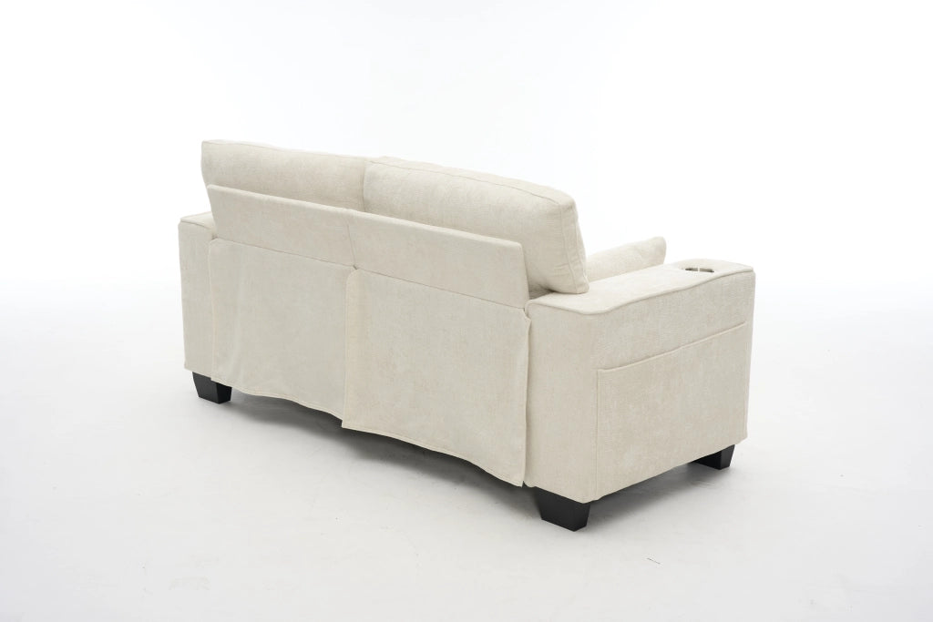 Divano lineare - con portabicchieri e tasche laterali - in chenille beige - 182 cm